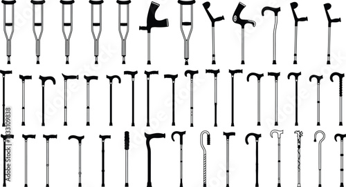 Collection of black and white silhouette medical walking aids and crutches walking sticks