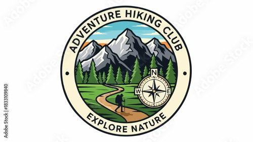 Vintage Adventure Hiking Club Emblem with Mountain Scenery.