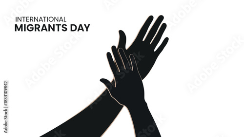 International Migrants Day graphic illustration featuring two hands clasped together in solidarity on a white background.