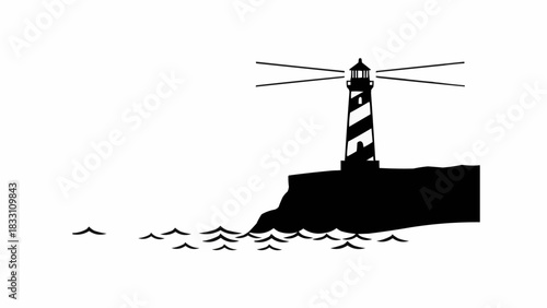 Silhouette of a Lighthouse on a Cliff with Waves.