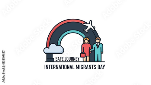 Illustration of a man and woman standing under a rainbow with a plane flying overhead, celebrating International Migrants Day with a safe journey theme.