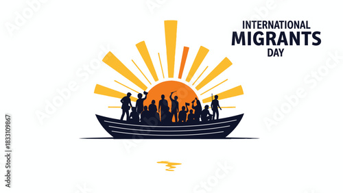 Graphic illustration of people in a boat with a sunburst on International Migrants Day against a white background.