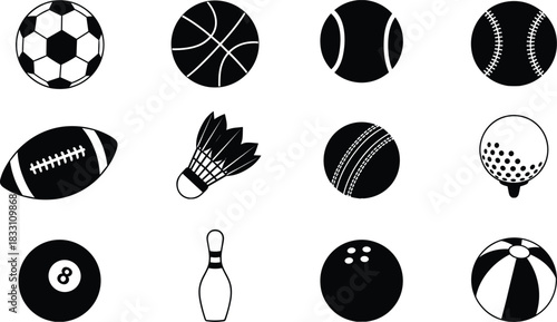 Collection of black and white sports balls and equipment icons soccer ball basketball