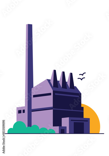 Industrial factory silhouette with tall smokestack and three chimneys rises beside green bushes under an orange sun and a pair of birds in flight.
