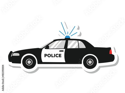 Vector illustration of a black and white police car with a flashing blue siren light, depicted as a sticker.