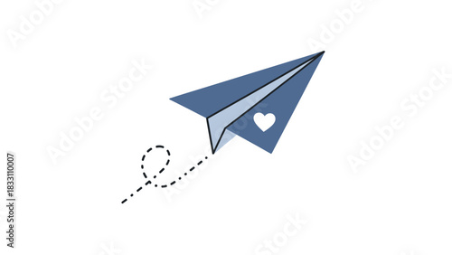 A blue paper airplane with a white heart flies through the air leaving a dotted trail on a white background.