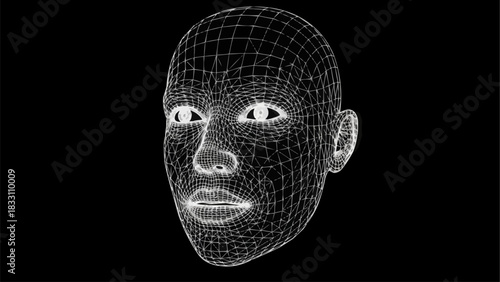 Digital face wireframe rendering on black background representing technology.