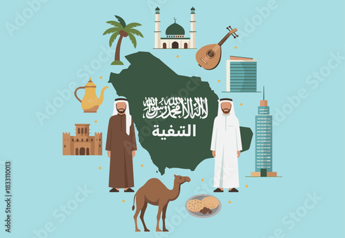 Saudi Arabia culture, heritage icons, traditional attire, Arabic map, Islamic elements, modern and historic symbols, flat vector illustration