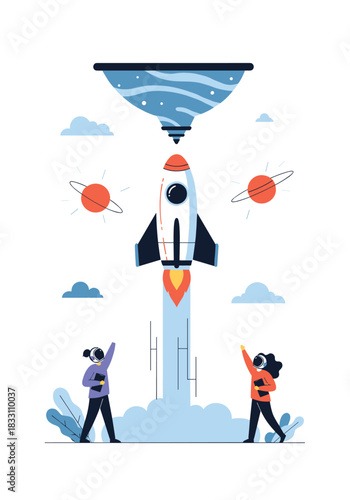 Celebration fills the scene as a tall rocket lifts off from the pad while two people cheer beneath a stylized sky with planets and fluffy clouds.