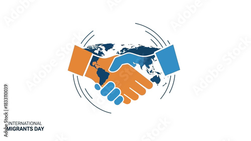Illustration of two hands shaking over a blue and orange world map on International Migrants Day with a white background.
