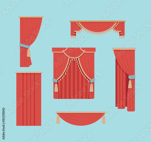 Red curtain styles, decorative drapes, tassel details, theatrical design, home decor inspiration, interior elements, flat vector illustration, curtain collection