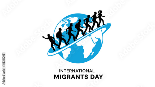 Graphic design for International Migrants Day featuring silhouettes of people on a globe against a white background with blue accents.