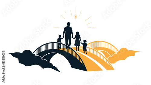 Silhouette of a family walking on a bridge with a sunny background and stylized clouds.
