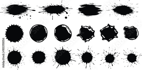 Collection of black ink splatters and blobs on white background ink blot paint splash