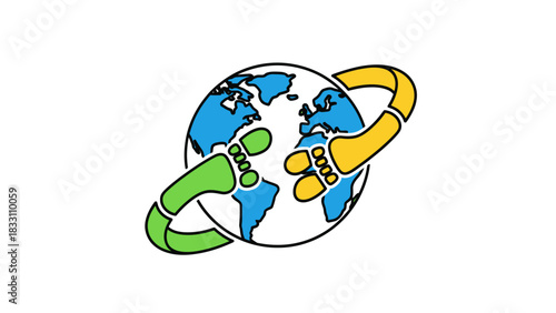 Illustration of a globe with interconnected green and yellow lines on a white background.