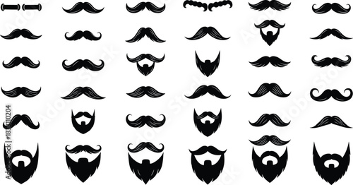 Collection of black silhouette mustaches and beards on white background vector