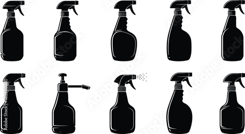 Collection of black silhouette spray bottles and pump dispenser cleaning