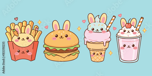 Bunny themed food, cute fast food, kawaii burger, fries, ice cream, milkshake, cartoon style, flat vector illustration