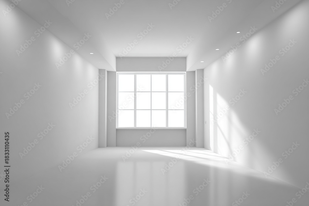 Fototapeta premium minimalist white room with large window and natural light casting shadows