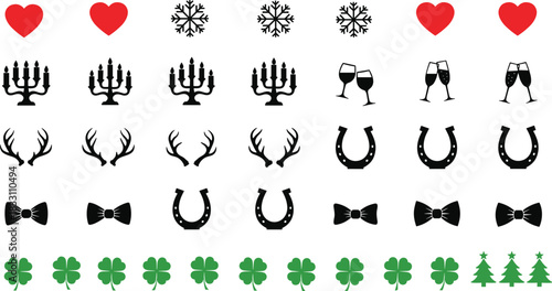 Collection of red hearts black snowflakes candelabras antlers champagne glasses horseshoes bow ties green clovers and Christmas trees