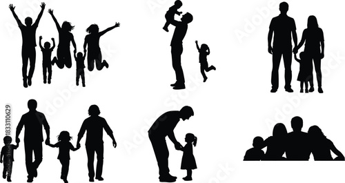 Diverse family silhouettes in various poses and interactions people parents