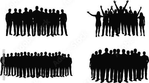 Four black silhouette groups of people standing and celebrating on white background