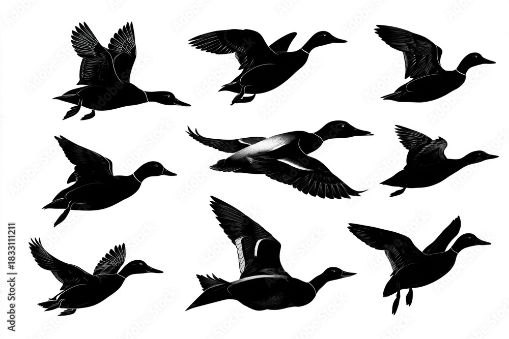Fototapeta premium silhouette of ducks flying in different poses