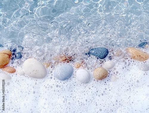 Close-up of smooth pebbles on a shoreline with foamy bubbles and clear water, creating a serene and calm atmosphere.
