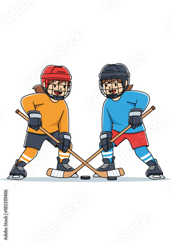 Two young hockey players in bright jerseys face off on the ice as their sticks clash over the puck in a lively match under arena lights.