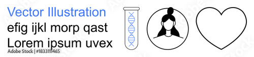 Genetic research, healthcare, personal identity, DNA analysis, genetics services, wellness. Elements include a DNA-filled test tube, a circular human avatar and a heart. Genetic research