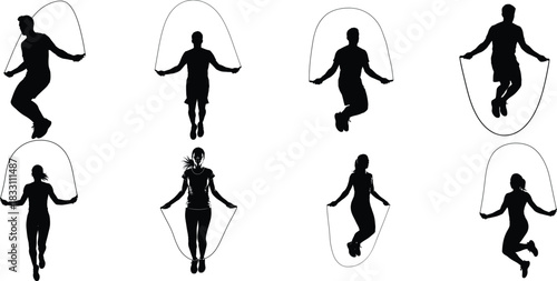 Silhouetted people jumping rope diverse group exercising with jump ropes for fitness