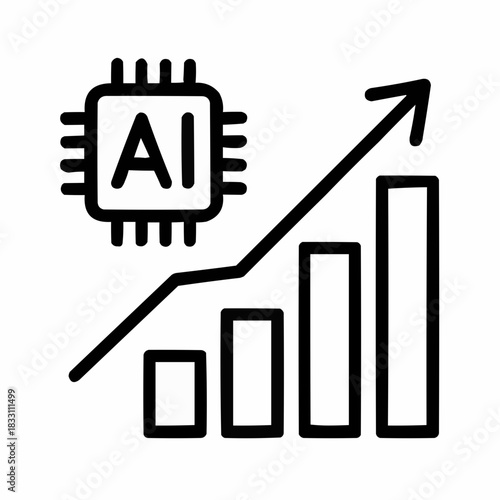 Line icon of a rising graph with AI chip, black on white, square minimalist style