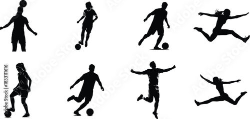Silhouetted female soccer players in action dribbling kicking jumping and celebrating