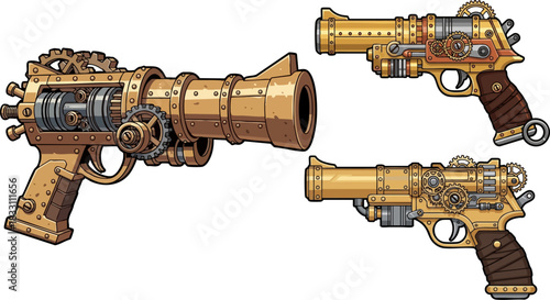 Three steampunk pistols displaying intricate details against a black background