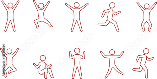 Ten red line art figures in various active poses on white background person human
