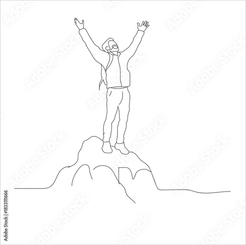 mountain climber line art.One continuous line drawing.Linear. Hand drawn,white background. Man on top of the mountain. Success. 