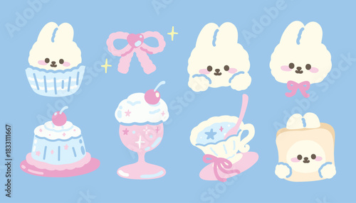 Set of Cute Bunny with Dessert, Pudding with Cherry, Ice Cream Sundae. Hand drawn Cartoon kawaii style. Vector. flat design. 