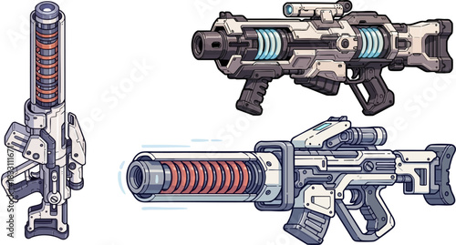 Futuristic weapons arsenal showcasing advanced technology and sleek designs for combat