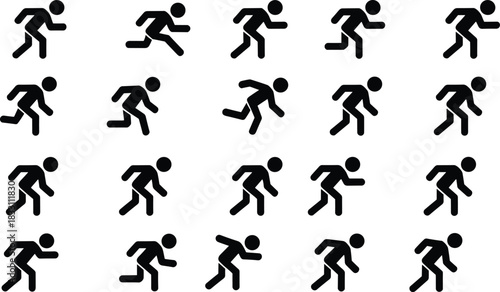 Continuous sequence of twenty black running stick figures, illustrating an action pose animation sprite sheet or motion study, representing running, jogging, movement, speed, fitness, training, and dy