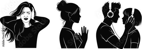 Woman covering ears in distress couple sharing headphones looking at each other noise