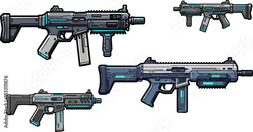 Futuristic submachine guns with neon accents displayed against a dark background
