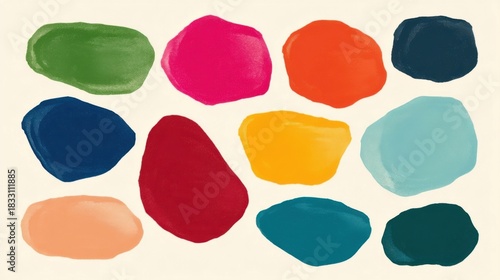 Twelve abstract vibrant colored shapes resembling painted blobs arranged in a three by four grid pattern on a light beig