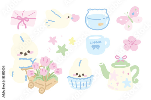 Set of Cute Kawaii Elements Set. Bunny. Hand drawn Cartoon kawaii style. Vector. flat design. 
