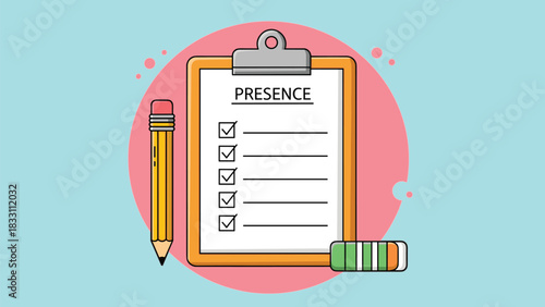 Presence checklist clipboard with pencil and eraser, attendance concept, classroom or meeting tracking tool, flat vector illustration