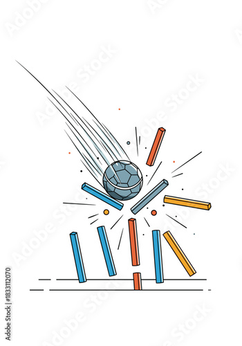 Dynamic illustration of a soccer ball colliding with scattered colorful sticks as lines radiate outward in a burst of motion and energy.