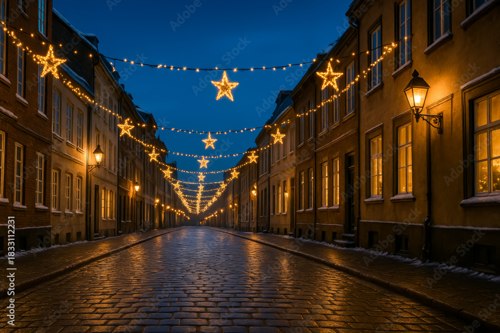 Fototapeta premium Magical illuminated street with festive stars on winter evening