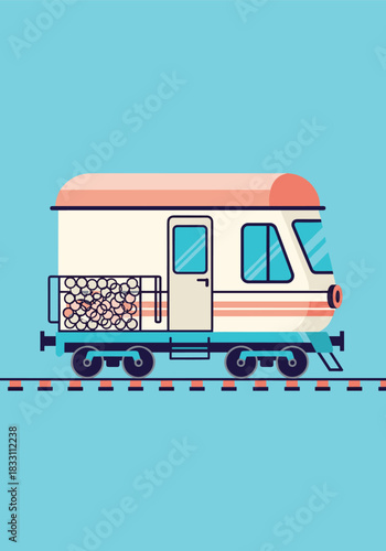 Vintage recreational vehicle travels along railway tracks with a rear cargo crate filled with neatly stacked logs under a blue sky against a pale backdrop.