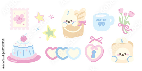 Set of Cute Kawaii Elements Set. Bunny in Bakery Bag, Heart, Pudding, flower. Hand drawn Cartoon kawaii style. Vector. flat design. Illustration.
