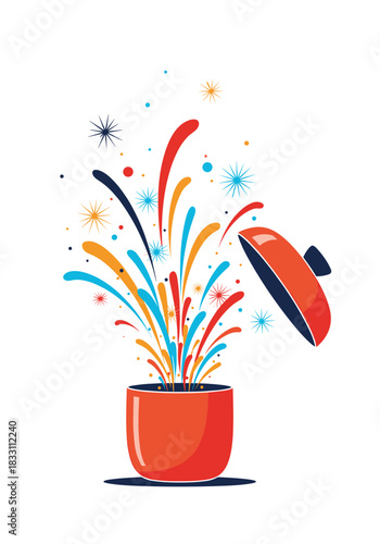 Vibrant streamers and bursts of color shoot upward from a bright red pot while the cap sails aside creating a dynamic festive display of energy and celebration.