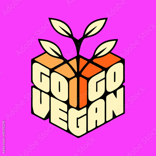 Go Vegan text with leaves on pink background lettering